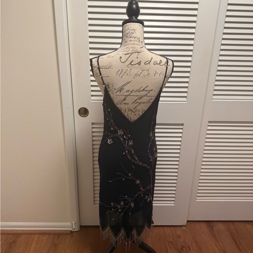 Susie Wong Nocturne Black Beaded Midi Slip Dress with Branch Embroidery - Picture 2 of 6